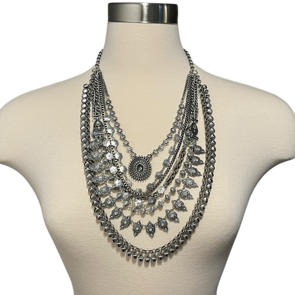 Multi-Layered Chunky Silver Boho Chic Statement Necklace
